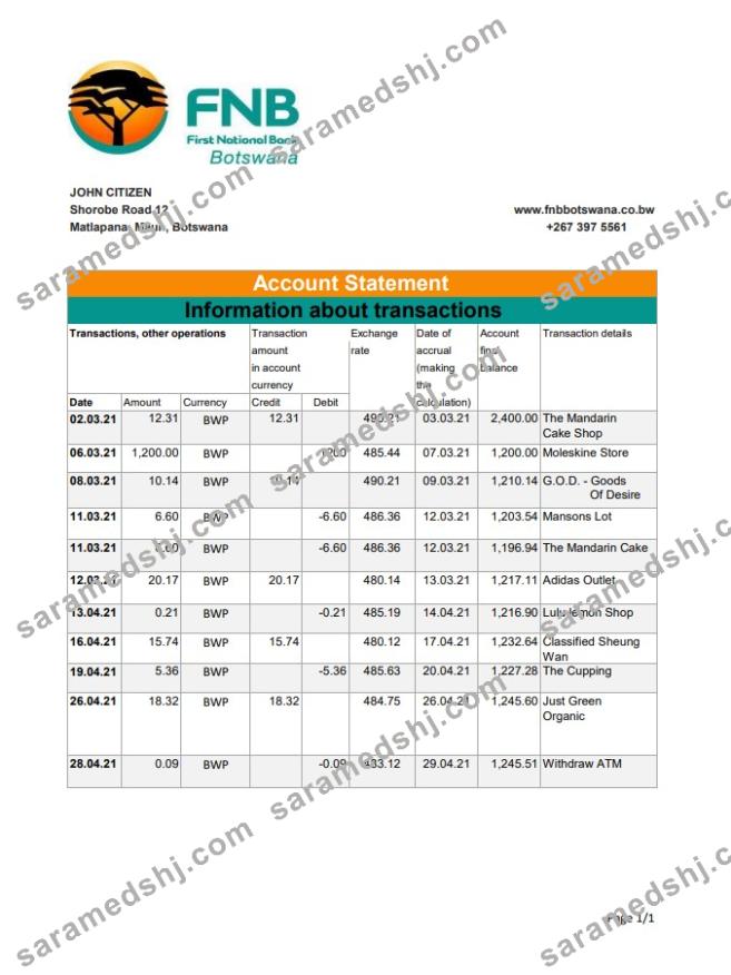 Botswana FNB of Botswana bank statement template in .xls and .pdf file format